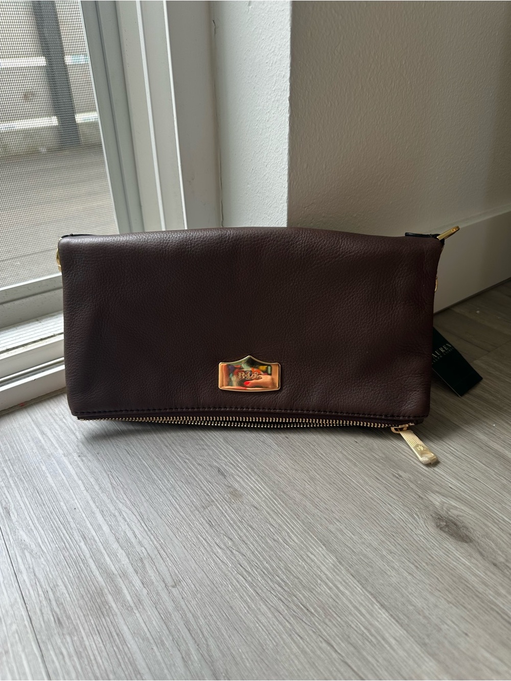 Ralph Lauren Leather Fold-Over Clutch Bag in Deep Brown with Gold Hardware
